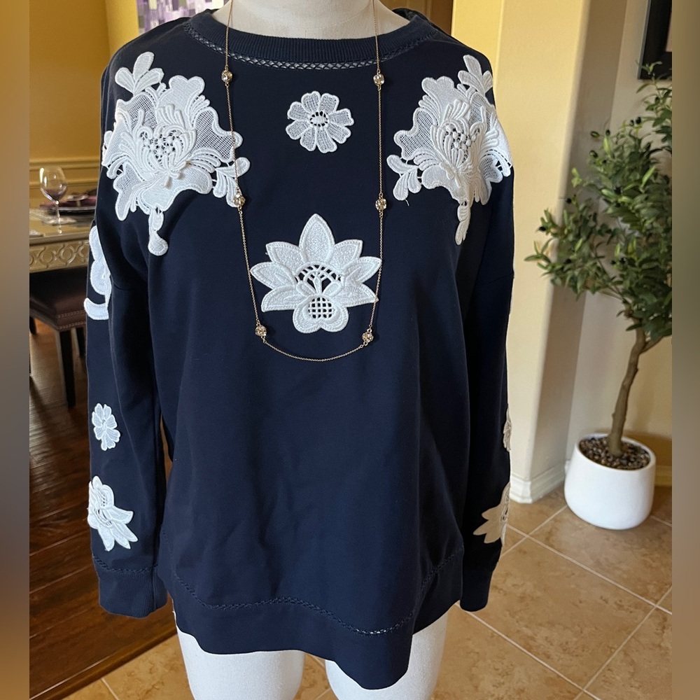 Navy Sweatshirt with White Floral Appliqué